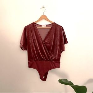 NSR Velvet V Neck Body Suit Maroon Size M